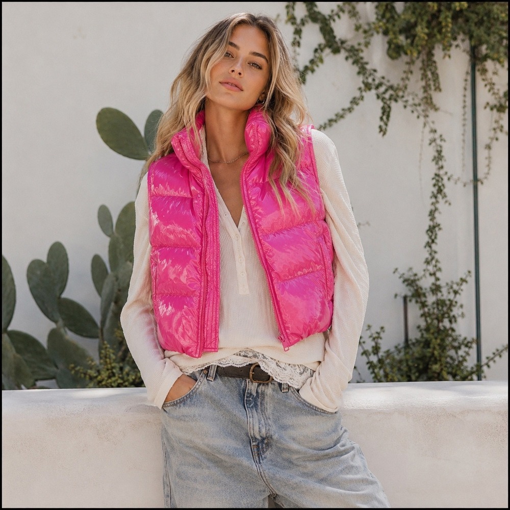 Glossy Pink Puffer Vest Womens Size S Quilted Shiny Zip Up Bratz Y2k Gorpcore